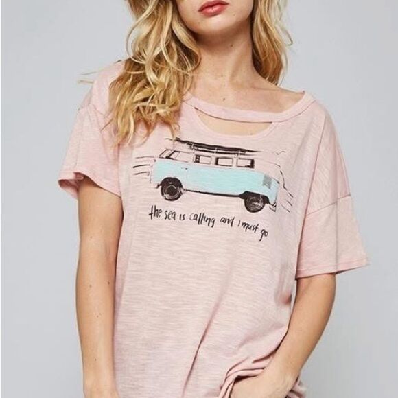Anthropologie Promesa Pink Tee The Sea is Calling Me and I Must Go - Picture 1 of 6
